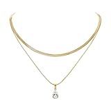 PAUL VALENTINE Damen Layer Halskette 18K Gold Veredelung, 35-40cm, Edelstahl, Funkelnder Zirkonia, Karabinerverschluss – Elegantes Layering Schmuckstück für Damen