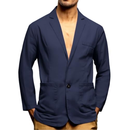 Men's Linen Cotton Casual Suits Blazer Jackets One Button Big and Tall Solid Lightweight Work Business Sports Coats