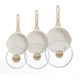 JEETEE Nonstick Frying Pans Set with Lid, Skillets Set 6 Pcs, 8' 9.5' 11' Granite Non-Stick Frying pan, Cookware Set with Bakelite Handle, Suitable All Stovetops (Gas, Electric & Induction), Beige