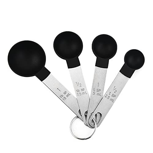 Juego de 8 tazas y cucharas medidoras apilables, mango de acero inoxidable, cucharada precisa para medir ingredientes secos y líquidos, cucharadita pequeña con cabeza de plástico (negro)