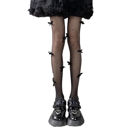 Image of Black Sheer Tights Y2K High Waist Pantyhose with Bows Patterned Stockings for Women