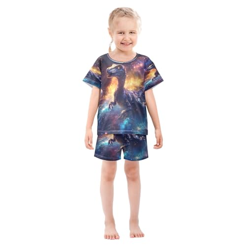 ALAZA Dinosaur Space Galaxy Starry Sky Pajamas Set Short Sleeve Cotton Sleepwear Summer Pjs 2 Piece 5-14Y3
