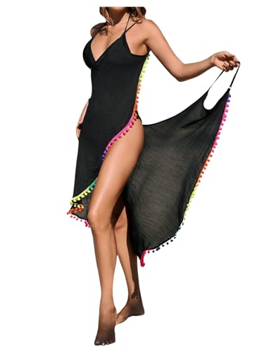 Verdusa Women's V Neck Open Back Beach Cover Up Contrast Trim Sleeveless Wrap Dress