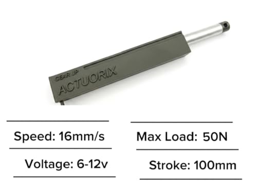 Image of Actuorix Gear Up Electric Linear Actuator, 100mm Stroke, 12V DC, Metal Gearbox, Built-in Limit Switches, for Robotics and Automation