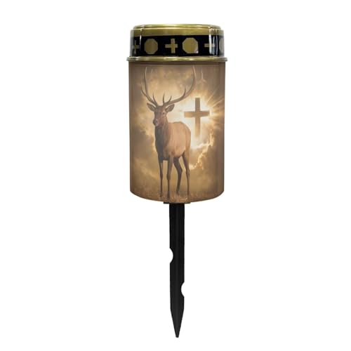 Poceacles Solar Candle Cemetery Solar Lights for Grave LED Garden Flameless Powered Pathway Lights Outdoor Waterproof with Dusk to Dawn Sensor, Brown Deer Cross Pattern