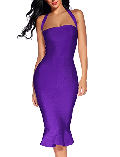 houstil Women's V Neck Halter Fishtail Bandage Bodycon Dress Party