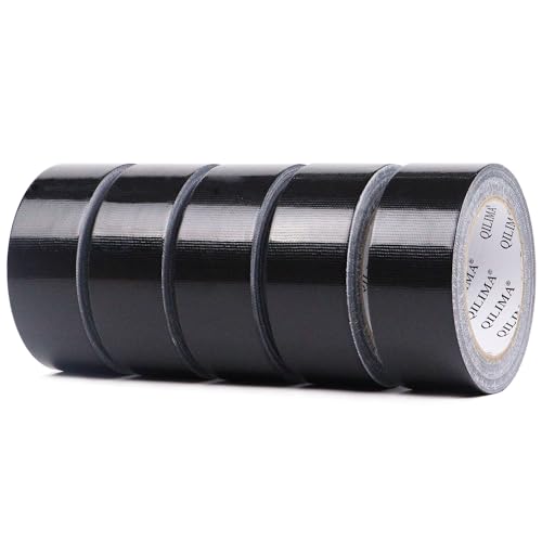 QILIMA Cinta adhesiva Negro, Cinta americana, cinta adhesiva de grado profesional para fotógrafos, reparaciones, bricolaje, manualidades, 48 mm x 27 m x 5 rollos