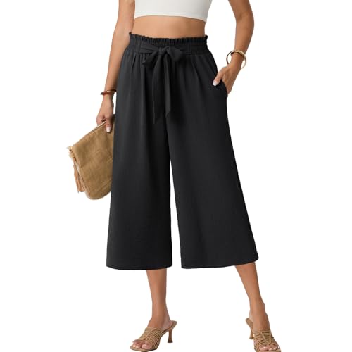 Lepunuo Womens Flowy Linen Palazzo Pants Women Dressy Wide Leg Cropped Capri Pants High Waist Summer Holiday Style with Pockets 2026 A - Black