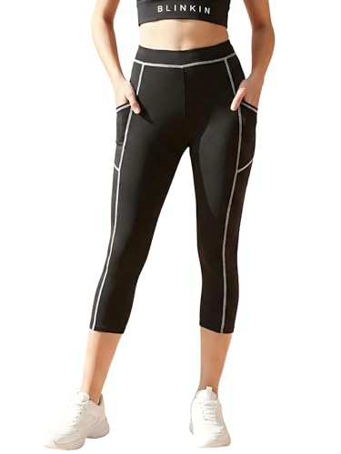 Image of BLINKIN Women's 3 /4 Gym Wear Tights for Women with Side Pockets : Perfect for Active Wear, Yoga & Workout - The Ultimate Gym Pants for Woman & Girls (015)