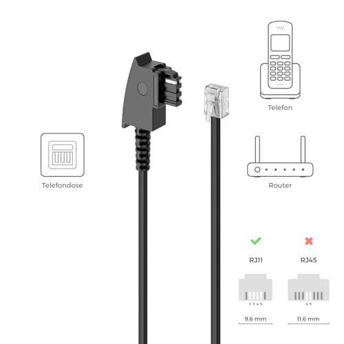 deleyCON 10m Telefonkabel TAE-F Stecker auf RJ11 Stecker Int. Norm 6P4C Flachkabel Analoge Endgeräte an TAE-F Telefondose Telefon Fax Modem Router Anrufbeantworter Schwarz