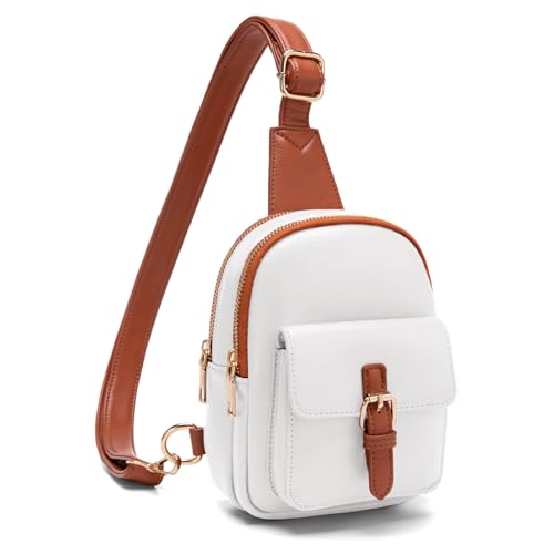 Small Sling Bag Fanny Pack for Girls Vegan Leather 3 Pockets Crossbody Purse for Women Gift for Teen Girls Stuff White With Brown