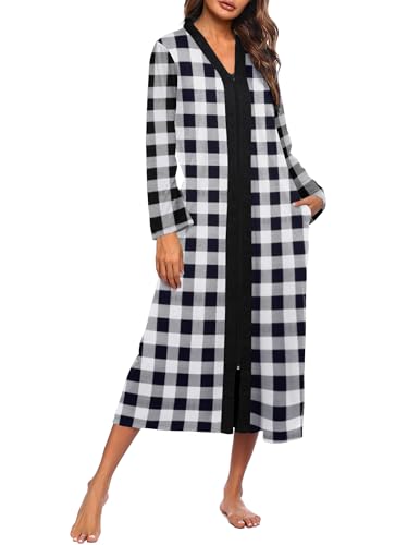Ekouaer Women Zipper Robe Long Sleeve Loungewear Lightweight Housecoat Full Length Nightgown with Pockets