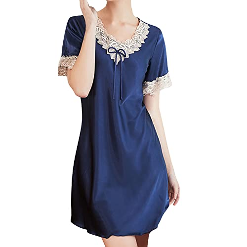 MODSGUE Sexy Sleepwear Women Silk Pyjamas Ice Silk Pyjamas Short Sleeve Nightdress Sling Sleep Dress One-Piece Sleep Shirt Fashionable Night Shirt Summer Nightgowns for Comfortable Sleep, navy, L
