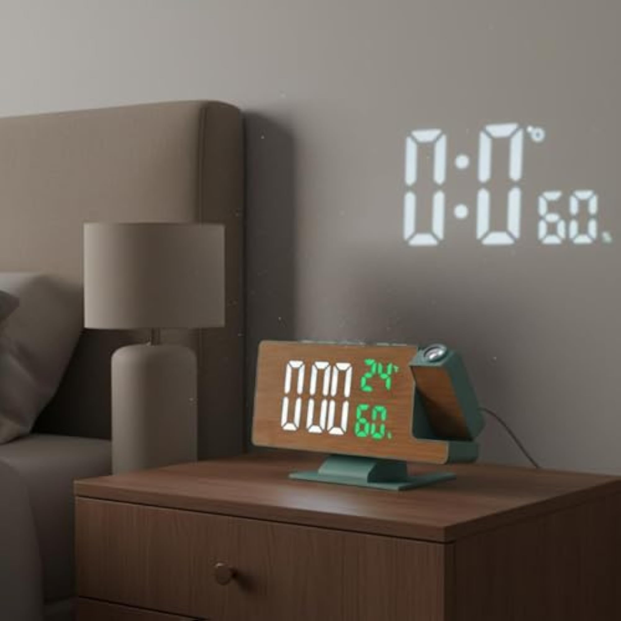 Temperature and Humidity Display Bamboo Pattern Projection Clock, Modern