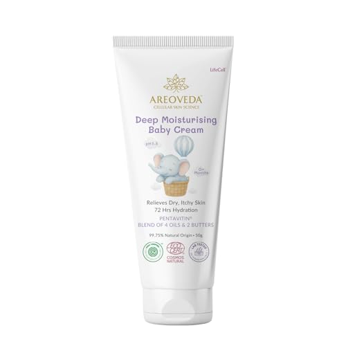 AreoVeda Deep Moisturising Baby Cream (50gm) | 72Hrs Hydration | Suitable for Baby's Dry Skin | With Shea Butter & Saffron Extract | Non-Sticky | For 0-5 Years | Ecocert Certified, EWG Verified