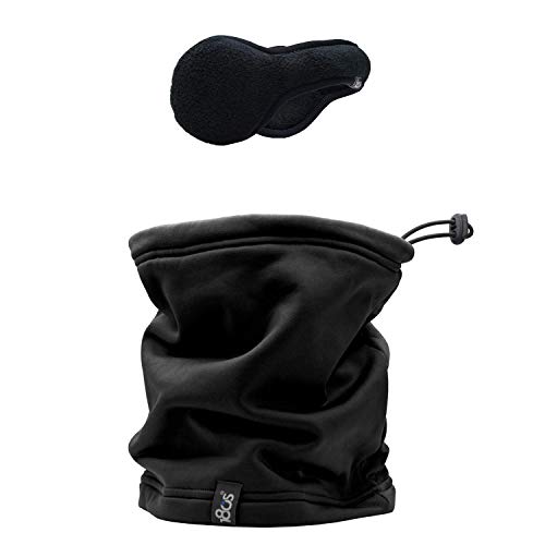 180s Men's Tec Fleece Behind-the-head Ear Warmer, Cold Weather Winter Earmuffs + Convertible Multifunctional Neck Warmer, Winter Neck Gaiter (Black, Ear-Warmer + Neck Gaiter Set)