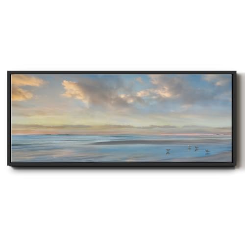 Renditions Gallery Floater Framed Wall Art Peaceful Ocean with Cloudy Sky Canvas Painting and Prints for Office Lobby - 12"x30" Black Frame LT618