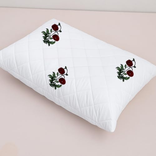 Image of LINENWALAS Block Printed Cotton Quilted Pillow Cover - Set of 4 | Ultra-Soft, Cooling & Breathable | Skin & Hair Friendly|Zipper Closure |Sweat-Absorbent & Hypoallergenic (20x36 Inches, Ruby Flora)
