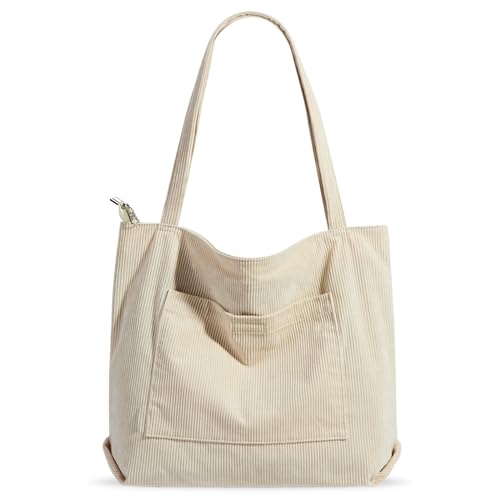 Sac Fourre-Tout Femme en Velours Côtelé - Grand Cabas Bandoulière avec Fermeture Éclair et Poches - Tote Bag pour Cours et Courses (Beige)
