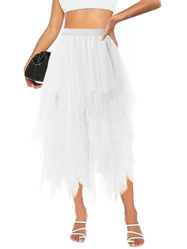 Raincol Tulle Skirts for Women Midi Long Tutu Skirt A-Line Mesh Layered Fairy Trendy High Elastic Waist Halloween Skirts White M-L