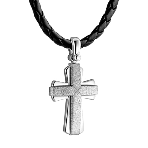 STERLL Collar de cadena de cuero negro para hombre, colgante, cruz, plata 925, regalo para hombres Cover