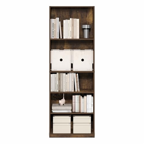 Image of Furinno Jaya Book Shelf, 5-Tier Tall Book Shelf, Bookcase with Open Shelving, Standing Bookshelf, 9.5 x 24.6 x 71.1, for Organization and Storage, for Home Office, Living Room, Amber Pine