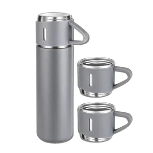 Gray Vacuum Flask Set - Insulated Water Bottle w/ 3 Cups Gift Set - Thermos Water Bottle for Hot and Cold Drinks - Reusable Stainless Steel Water Bottles for Indoor and Outdoor Activities (17 Fl Oz)