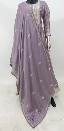 Image of Miss Ethnik Women's Purple Chinon Stitched Top with Dupatta Full Sleeve Embroidered Anarkali Gown (ME-1179)