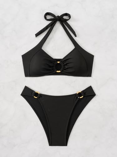 Limeeke Women's Ribbed Bikini Sets O Ring Linked Halter Neck Two Piece Swimsuit Cheeky Swim Bathing Suit4