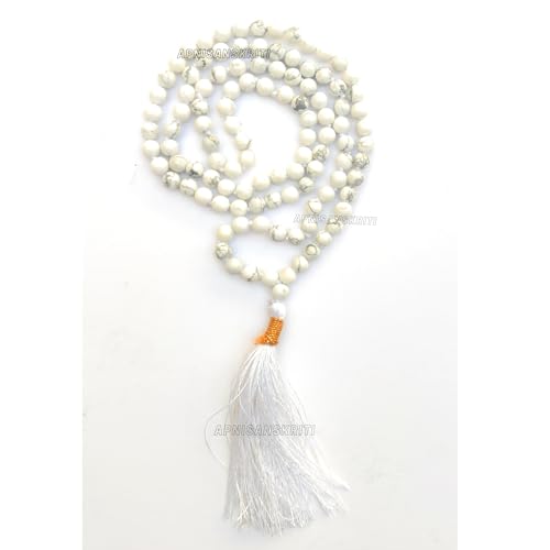 Image of Apnisanskriti Premium Howlite Stone Mala for Men and Women (6mm, AAA Quality, Lab Certified, 108+1) - Natural Stone Beads Mala - White & Black Veins Colour - Pack of 1