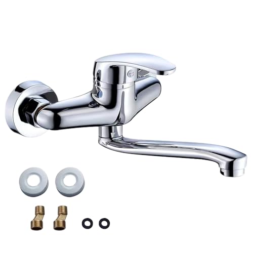 Mineup Grifo de Cocina de Pared, Giratorio 360°, Acero Inoxidable, Plata, Montaje en Pared, Mezclador Monomando, Válvula de Disco, Giratorio 360°, Fácil de Instalar, 25 cm