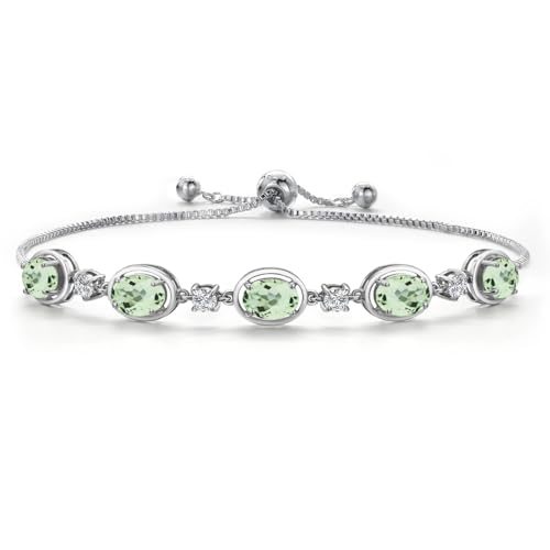 Gem Stone King 925 Sterling Silver Green Prasiolite and Moissanite Tennis Bracelet For Women | 3.75 Cttw | Gemstone Birthstone | Oval 7X5MM | Fully Adjustable 10 Inch