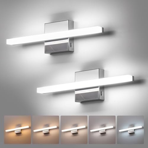 Image of Combuh Modern Bathroom Light Fixtures Over Mirror, Vanity Lamp Bar Chrome | small 16 inch, soft shadow free, linear design, wall mounted, lampara para bano sobre espejo, 5 colors adjustable, 2 Pack