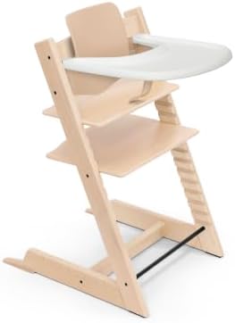Stokke Tripp Trapp Hochstuhl Buchenholz Natur + Tray Weiß | Kinderstuhl ab 6 Monaten, inkl. Baby Sitz & Tisch, mitwachsend bis Erwachsenenalter, Neugeborenen Aufsatz seperat erhält