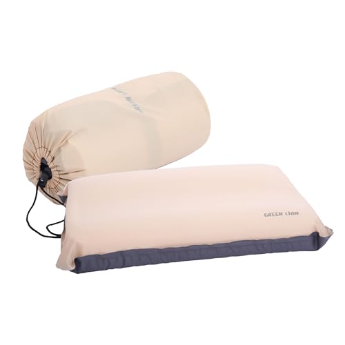Green Lion Inflatable Camping Pillow with Ergonomic Neck Support 10s Self-Inflating Breathable Fabric & Memory Foam Ultralight Travel Pillow Ideal for Backpacking/Airplane/Car Carry Bag Included