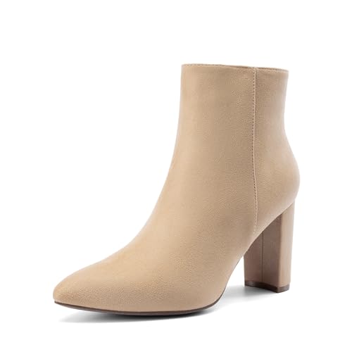 DREAM PAIRS Women's Chunky Heel Ankle Booties Pointed Toe Short Boots,Size 7.5,Nude,SIANNA-1