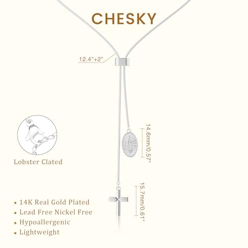 Image of CHESKY Long Necklaces for Women, 14k Gold Plated /Streling Silver Lariat Necklace Dainty Statement Prom Necklace Rosary Cross Sun Drop Pendant Dangle Necklace Gold Prom Jewelry for Women Gifts