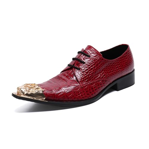 Men's Leather Shoes, Red Plaid Metal tip Men's Dress Lace-Up Shoes, Barber Host Nightclub Stage Wedding Party Banquet Prom Uniform Office Work Shoes