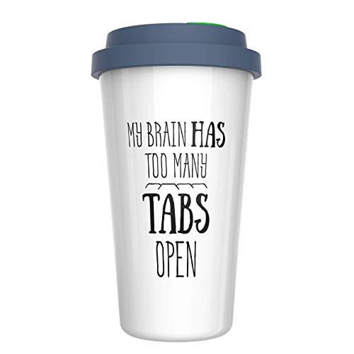 Ceramic Travel Coffee Mug with Lid (12 oz) - My Brain Has Too Many Tabs Open - Funny Mug - Gift for Office, Co-Worker, Boss, Friends or Family - Double Wall Ceramic - BPA-Free Lid - Dishwasher Safe