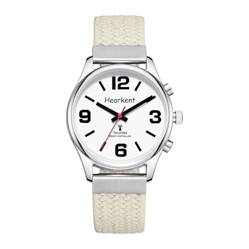 Hearkent Reloj parlante alemán para mujer, reloj de pulsera para personas mayores con números grandes, relojes para personas con discapacidad visual, reloj de ciegos o reloj de demencia, Nylon Beige,