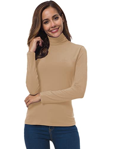 Women Long Sleeve Turtleneck Slim Fitted Based Layer Shirt Pullover Tops Rose Apricot Small
