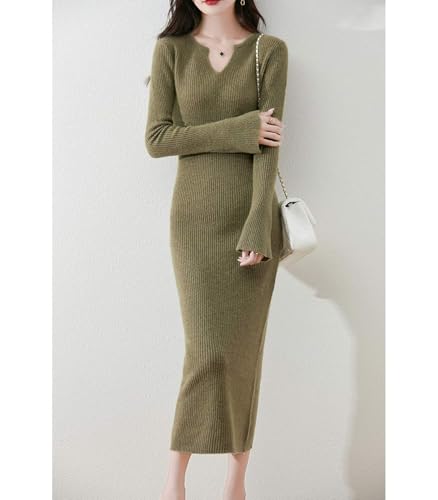 100% Merino Wool Sweater Dress Women's Long Sleeve Knitted V Neck Pullover Fall Winter Slim Long Tops3