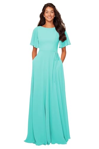 Image of petyoo Chiffon Flutter Sleeve Bridesmaid Dresses with Pockets Sash Long A Line Formal Dress