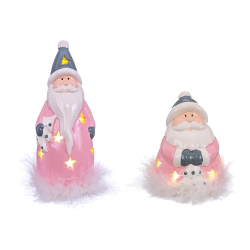 LOLAhome Conjunto de 2 Figuras de Papá Noel con luz de Plumas y cerámica Rosa