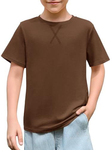 Haloumoning Boys T Shirts Kids Summer Crewneck Short Sleeve Tshirts Fashion Casual Tees 5-14 Years Brown 7-8 Years