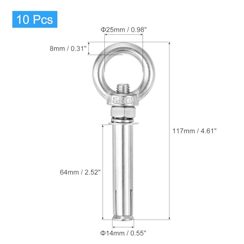 Image of uxcell Ring Lifting Expansion Eyebolt, 10pcs M10x90mm 304 Stainless Steel Expansion Screw with Eye Ring for Concrete Brick Wall