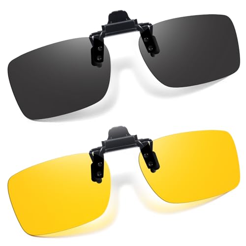 VIEWBETTER® 2 Pack Clip On Day & Night Vision Glasses for Driving Polarized Anti Glare Flip-Up Sunglasses