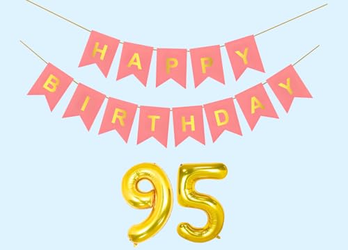 Image of 95th Happy Birthday Decoration Kit Light Pink for 95 year Old Men with Number Ninety-five Party Decorations Decor Celebration Items Item Set Combo Reusable Paper Banner