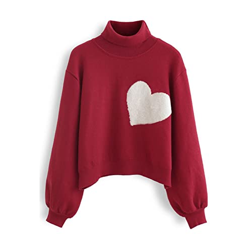 Image of CHICWISH Women's Red Embroidered Heart High Neck Knit Sweater