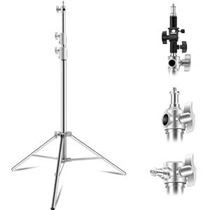 Wellmaking Stainless Steel Photography Light Stand 9.2ft/280cm.Spring Cushioned Heavy Duty Tripod Stand with 1/4”to3/8” Screw Adapter and Tilt Swivel Mount for Strobe, Video Light,ring light,Monolight